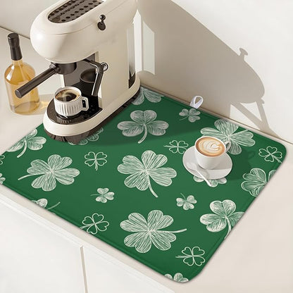 St Patrick's Day Dish Drying Mat 16 x 18 Inch Green Shamrock Dish Drainer Rack Mat Absorbent Microfiber Mats for Spring Lucky Clovers Dish Pad for Kitchen Coffee Bar Decor