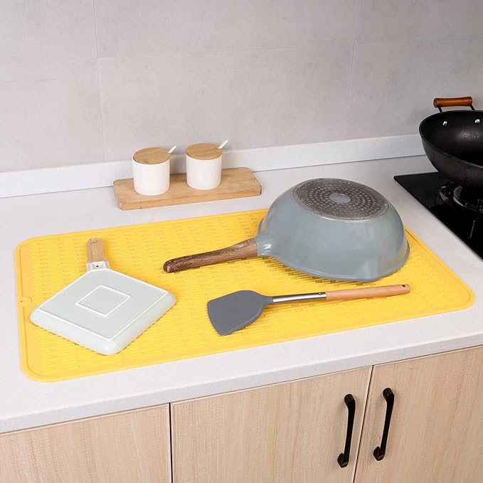 MicoYang Silicone Dish Drying Mat for Multiple Usage,Easy clean,Eco-friendly,Heat-resistant Silicone Mat for Kitchen Counter or Sink,Refrigerator or Drawer Liner Yellow 4XL 32 inches x 18 inches