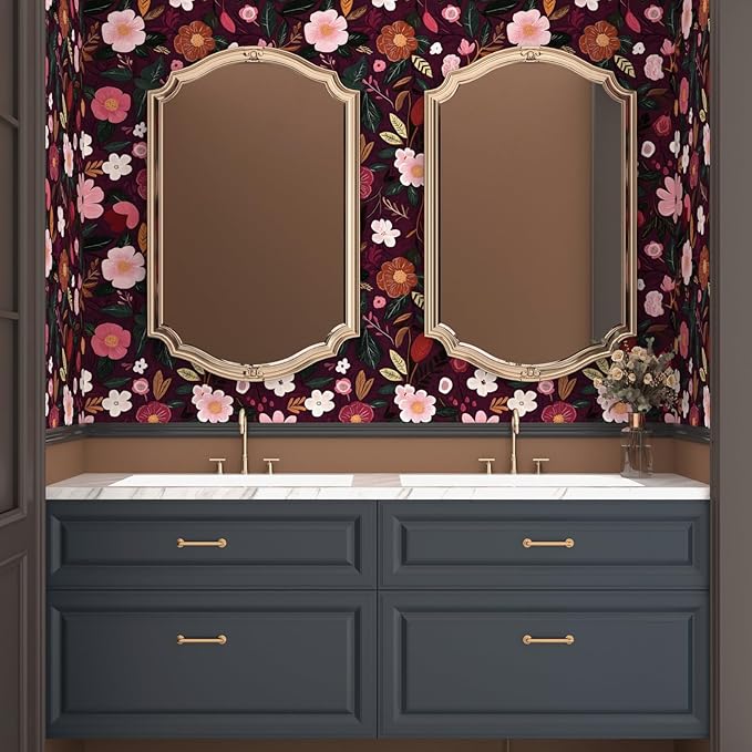 Fvlow Red Pink Floral Wallpaper Peel and Stick 17.4" X 118" Dark Red Gothic Witchy Contact Paper Flower Removable Covering for Bedroom Cabinet Bathroom Vintage Retro Goth Home Decor