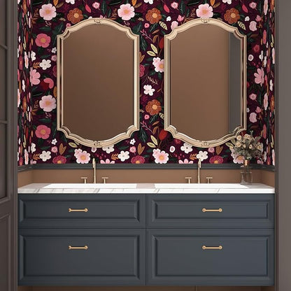 Fvlow Red Pink Floral Wallpaper Peel and Stick 17.4" X 118" Dark Red Gothic Witchy Contact Paper Flower Removable Covering for Bedroom Cabinet Bathroom Vintage Retro Goth Home Decor
