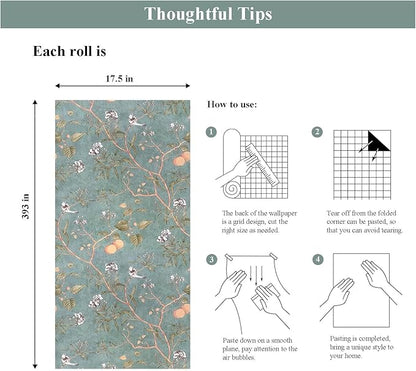 Laatse Green Floral Wallpaper Peel and Stick Bird Wallpaper 17.5" x 393" Vintage Contact Paper Waterproof Self Adhesive Removable Boho Floral Wall Paper for Bedroom Walls Cabinet Locker