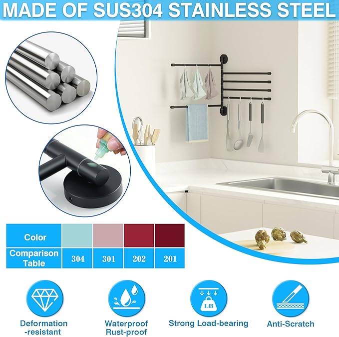 Alise Swivel Towel Rack,Folding 6 Arms Hand Towel Bars Towel Hanger for Bathroom,Wall Mount Drying Racks for Laundry,SUS304 Stainless Steel Swing Out Towel Holder Storage Space Saving,Matte Black