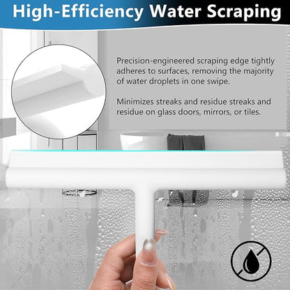 Shower Squeegee for Glass Doors, Full Silicone Jacketed Squeegee with Ergonomic Handle & No-Drill Hook, Cleaning Tool for Windows, Mirrors, Tiles, Bathroom & Car - White