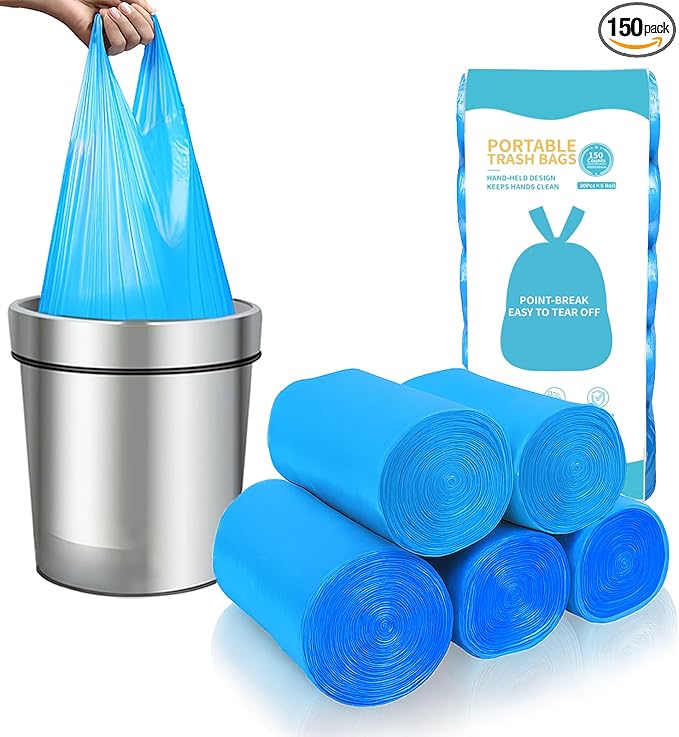 MakMeFre 5Rolls 4Gallon Portable Trash Bags,Thicken Small Garbage Bags for Office,Bedroom,Kitchen Waste Bin(150Counts,Blue)