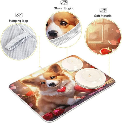 Dish Drying Mat Kitchen Counter Absorbent Valentine Corgi Coffee Sink Mat Dish Drainer Pad 18 Inch x 16 Inch