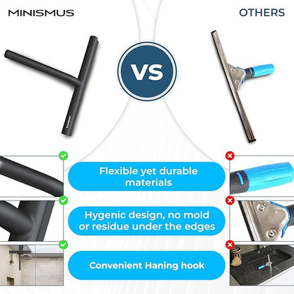 Minismus Shower Squeegee with Hook - Silicone Window Wiper - Shower Squeegee for Glass Doors - Glass Squeegee Bathroom Shower - Window Squeege (8.25 Inches, Black)
