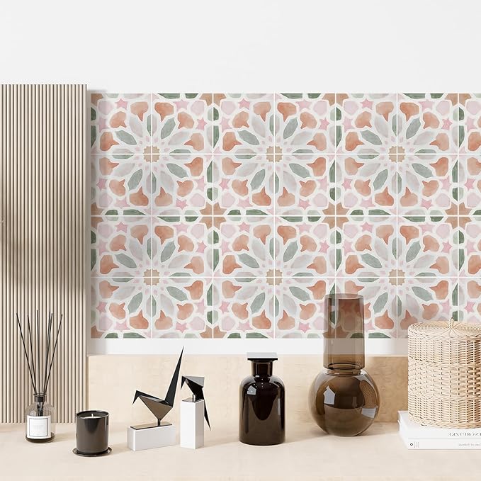 16 Pack,Self Adhesive Moroccan Tile Stickers Vinyl Wall Decals Green Peel and Stick Waterproof 5.9x5.9inch for Home Kitchen Living Room Bedroom Decor