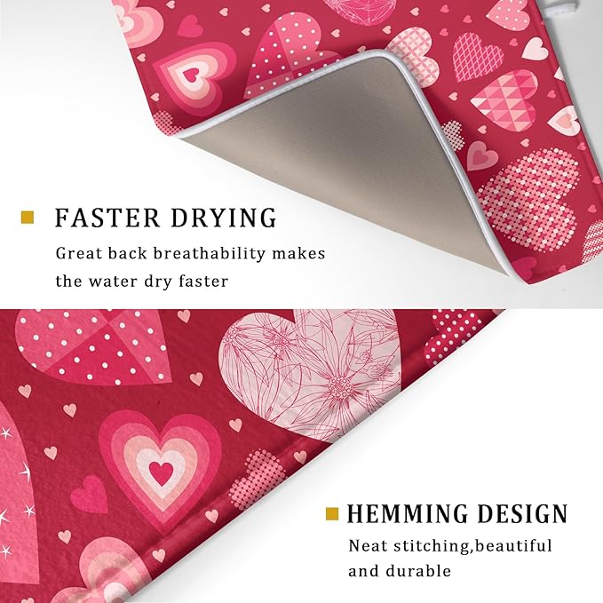 Valentine Day Love Heart Dish Drying Pad 18 x 24 Inch with Absorbent Reversible Microfiber Happy Valentines Pink Red Hearts Drying Mats For Kitchen Counter Dining Room Decoration