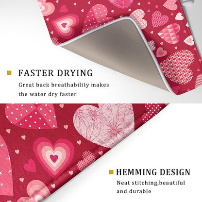 Valentine Day Love Heart Dish Drying Pad 18 x 24 Inch with Absorbent Reversible Microfiber Happy Valentines Pink Red Hearts Drying Mats For Kitchen Counter Dining Room Decoration