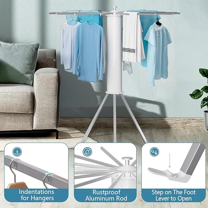 JAUREE Tripod Clothes Drying Rack Foldable, Laundry Drying Rack Collapsible, Portable Clothing Drying Rack Folding Indoor, Octopus Space Saving Laundry Stand with 16 Extendable Aluminum Rods
