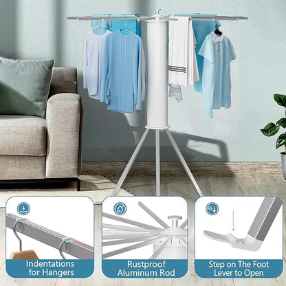 JAUREE Tripod Clothes Drying Rack Foldable, Laundry Drying Rack Collapsible, Portable Clothing Drying Rack Folding Indoor, Octopus Space Saving Laundry Stand with 16 Extendable Aluminum Rods