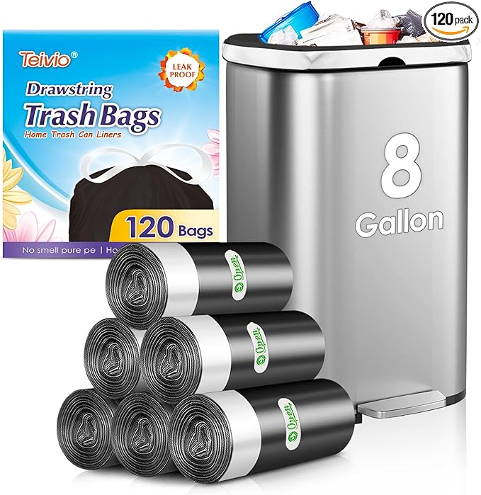 8 Gallon Small 120 Counts Strong Drawstring Trash Bags Garbage Bags by Teivio, Bathroom Trash Can Bin Liners, Plastic Bags for home office kitchen, Black