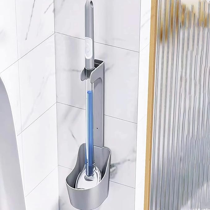 Toilet Bowl Brush and Holder Set With Soap Dispenser - Bathroom Cleaner With Refillable Liquid Dispenser (Grey)