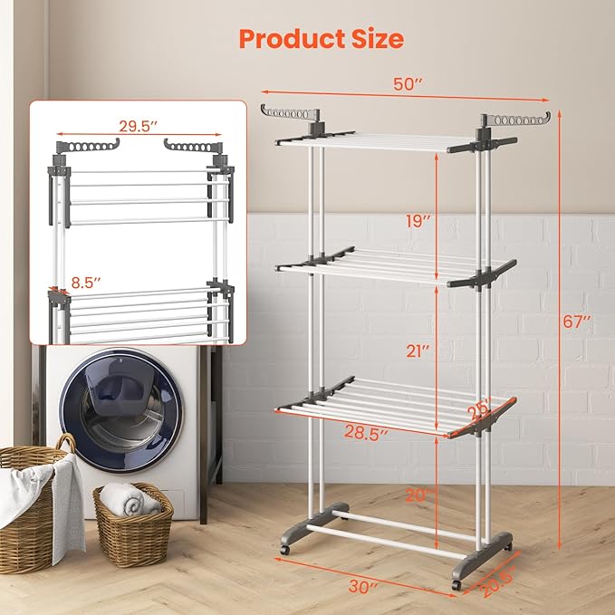 Tangkula 4-Tier Foldable Clothes Drying Rack, Oversized Drying Rack w/Lockable Wheels & Rust-Proof Metal Frame, Indoor Outdoor Large Drying Hanger w/Adjustable Gullwings, Movable Laundry Hanger