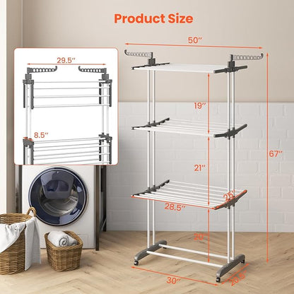 Tangkula 4-Tier Foldable Clothes Drying Rack, Oversized Drying Rack w/Lockable Wheels & Rust-Proof Metal Frame, Indoor Outdoor Large Drying Hanger w/Adjustable Gullwings, Movable Laundry Hanger