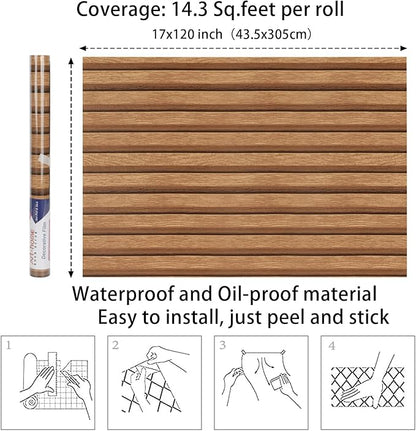 Arthome 17''x120'' Wood Slat Wallpaper, Peel and Stick Self Adhesive Wood Wallpaper PVC Vinyl Decorative Removable Wallpaper Waterproof Faux Wood Grating Stripe Contact Paper for Living Room Bedroom