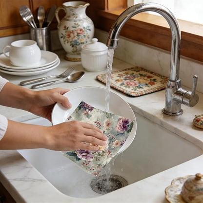 Reusable Swedish Dishcloths for Kitchen, 6 Pcs Vintage Floral Swedish Dish Cloths, Absorbent Flower Designs Sponge Cleaning Towels Wipes for Kitchen Cooking Home Decoration Housewarming Gifts
