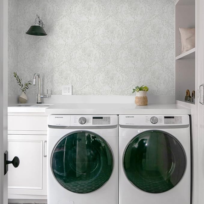 Ismoon Floral Peel and Stick Wallpaper Grey Contact Paper Boho Watercolor Damask Wallpaper Vintage Textured Removable Self Adhesive Vinyl Wall Paper Renter Friendly, 17.3 in X 32.7 ft