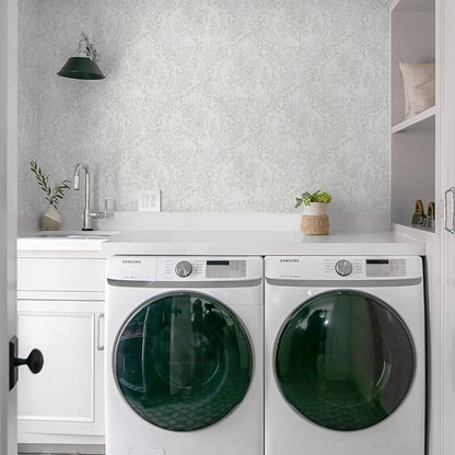 Ismoon Floral Peel and Stick Wallpaper Grey Contact Paper Boho Watercolor Damask Wallpaper Vintage Textured Removable Self Adhesive Vinyl Wall Paper Renter Friendly, 17.3 in X 32.7 ft