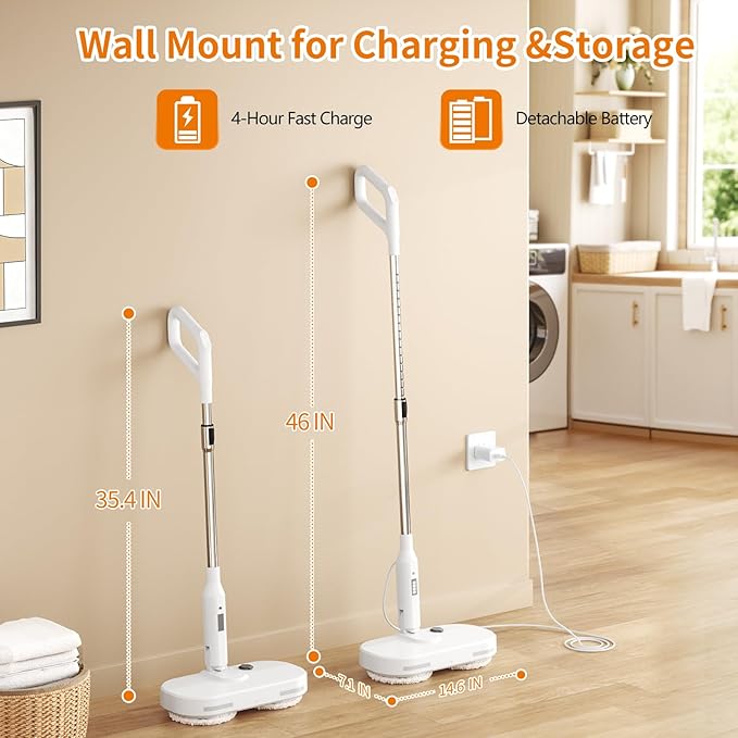 Adjustable Cordless Electric Spin Mop with self-propelled water sprayer/8000mAh Battery/LED Headlight,self-propelled design with 6 Washable mop Pads for Hardwood, Tile Floors, Quiet Cleaning/Waxing