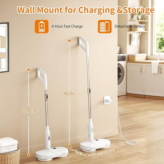 Adjustable Cordless Electric Spin Mop with self-propelled water sprayer/8000mAh Battery/LED Headlight,self-propelled design with 6 Washable mop Pads for Hardwood, Tile Floors, Quiet Cleaning/Waxing