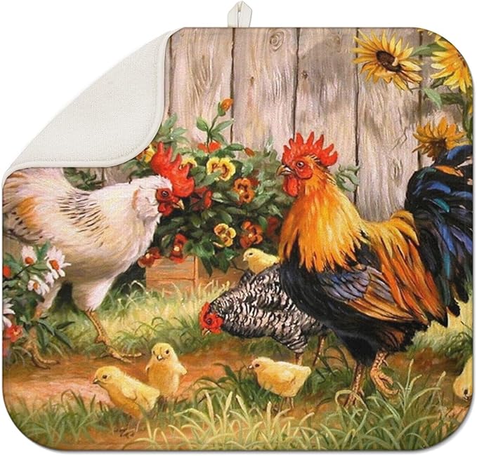 Dish Drying Mat Drainer Pads - Extra Large Microfiber Drying Mats for Dishes Kitchen Counter Super Absorbent Pads for Draining Racks (Rooster,16"x18" )
