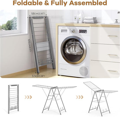 APEXCHASER Drying Rack Clothing, Clothes Drying Rack Foldable, Metal Laundry Drying Rack Collapsible for Sweater Towel Indoor & Outdoor, Height Adjustable Gullwing Clothes Airer, Grey