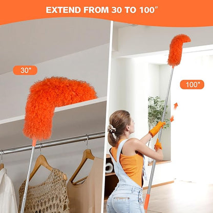 Microfiber Feather Duster Extendable Duster with 30'' to 100'' Telescoping Extension Pole, Bendable Head & Long Handle Dusters for Cleaning Ceiling Fan, High Ceiling, Blinds, Furniture & Cars