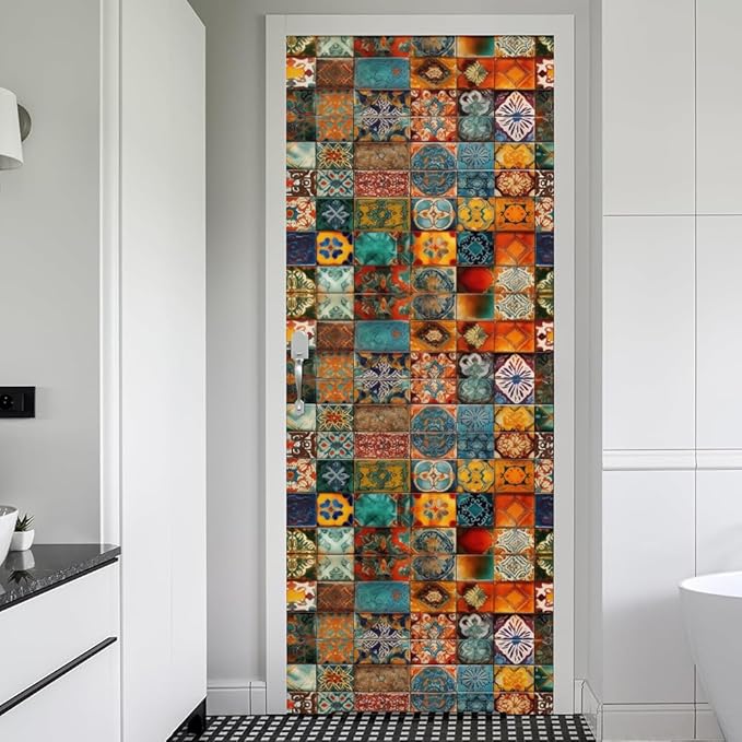 REDAMANCY Vintage Moroccan Ethnic Square Pattern Peel and Stick Door Stickers Vinyl 3D Door Mural Decals Decor Wallpaper Self-Adhesive, Waterproof, Removable
