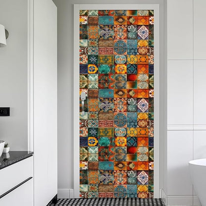 REDAMANCY Vintage Moroccan Ethnic Square Pattern Peel and Stick Door Stickers Vinyl 3D Door Mural Decals Decor Wallpaper Self-Adhesive, Waterproof, Removable