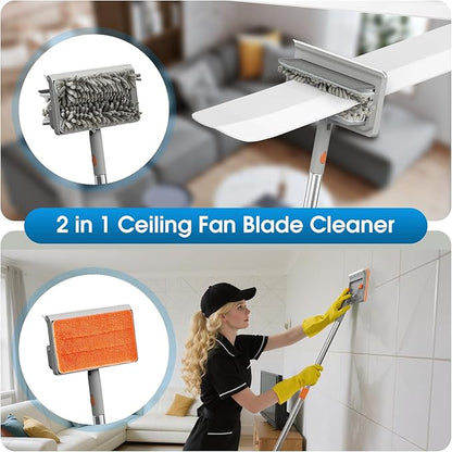 Extendable Cleaner for Ceiling Fan and Baseboards Cleaner Tool- 79” Adjustable Cleaning Kit with 9 Reusable Pads, Ceiling Fan Blade Cleaner Duster Set with Long Handle, Wall, Floor, Windows