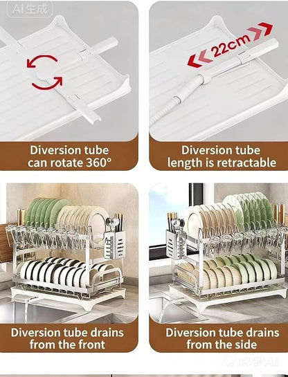 TarnorLe Double Layer Dish Drying Rack, Storage Super Large Bowl Dish Rack, Multifunctional Kitchen Countertop with Drain Pan, 304 Stainless Steel Kitchen Drying Rack, Tableware, Glass Drying Rack