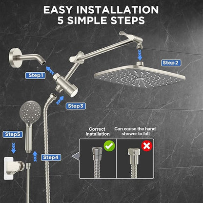 Veken 11.8" Rain Shower Head with Handheld, High Pressure Handheld Shower Heads with Multi Spray Modes,Rainfall Combo with 15" Metal Extension Arm,Detachable Dual Shower,Long 6 ft. Hose,Brushed Nickel