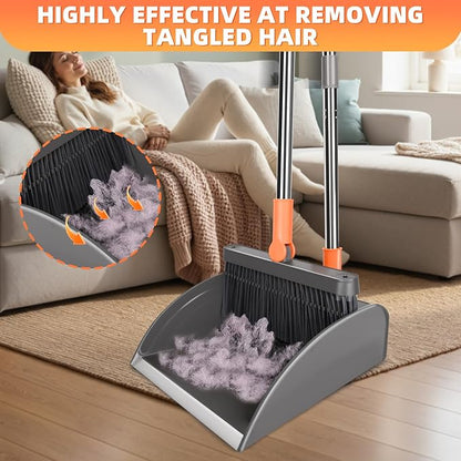 Broom and Dustpan Set, Self Cleaning with Metal Dustpan Teeth, Indoor&Outdoor Sweeping, Ideal for Dog Cat Pets Home Use, Stand Up Broom and Dustpan, Orange&Grey