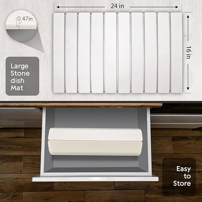 Large Stone Dish Drying Mats for Kitchen Counter, 24"(L)×16"(W), Fast Drying Collapsible Dish Drying Mat, Eco-Friendly Absorbent Diatomaceous Earth Mats for Dishes Bottles Cups, Match Any Countertop
