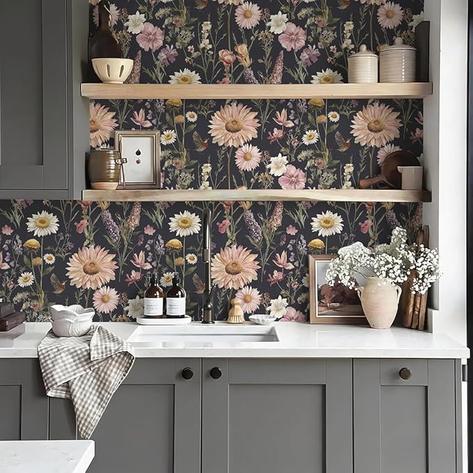 Livebor Dark Floral Peel and Stick Wallpaper Vintage Floral Contact Paper 16.9” x 118.1” Bird Flower Wallpaper Peel and Stick Boho Flower Self Adhesive Removable Wall Paper Decor for Cabinets Vinyl