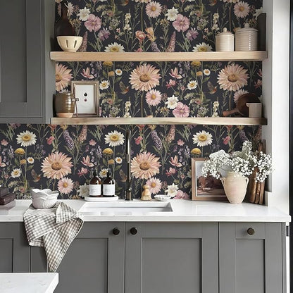 Livebor Dark Floral Peel and Stick Wallpaper Vintage Floral Contact Paper 16.9” x 118.1” Bird Flower Wallpaper Peel and Stick Boho Flower Self Adhesive Removable Wall Paper Decor for Cabinets Vinyl