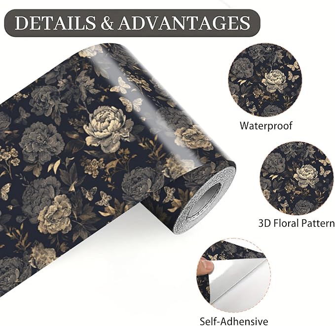 Dark Grey Vintage Floral Wallpaper Border 196x4 Inch Peel and Stick Wall Border Self Adhesive Removable Vinyl Wall Trim Elegant Rose Leaf for Kitchen Bathroom Bedroom Living Room Decor