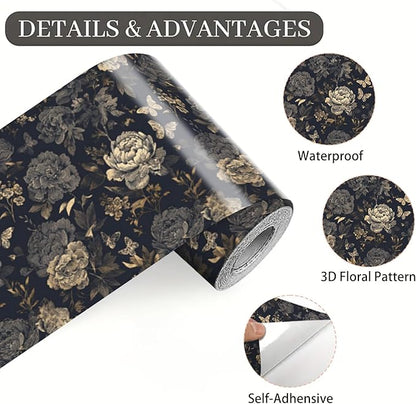 Dark Grey Vintage Floral Wallpaper Border 196x4 Inch Peel and Stick Wall Border Self Adhesive Removable Vinyl Wall Trim Elegant Rose Leaf for Kitchen Bathroom Bedroom Living Room Decor