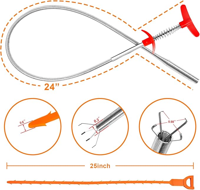 Drain Clog Remover, 25inch Drain Snake Hair Remover(3pcs), Hair Catcher Drain Auger Cleaner Tool Set For Toilet, Kitchen Sink, Bathroom Tub, Sewer