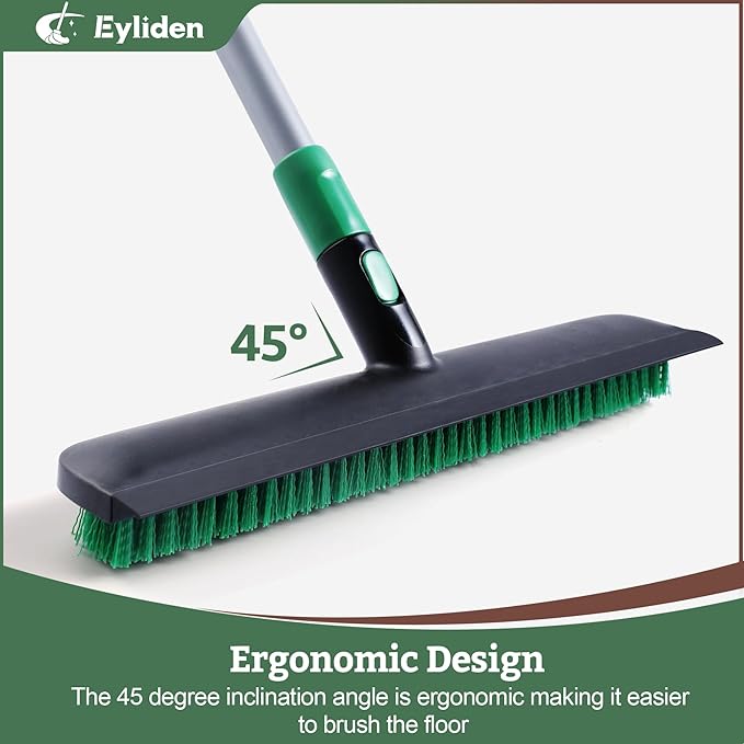 Eyliden Floor Scrub Brush for Stubborn Grime & Deep Cleaning | 15" Wide Head with Rubber Squeegee, Adjustable Long Handle, 2in1 Stiff Bristle Floor Scrubber for Kitchen, Shower, Deck, Patio, Garage