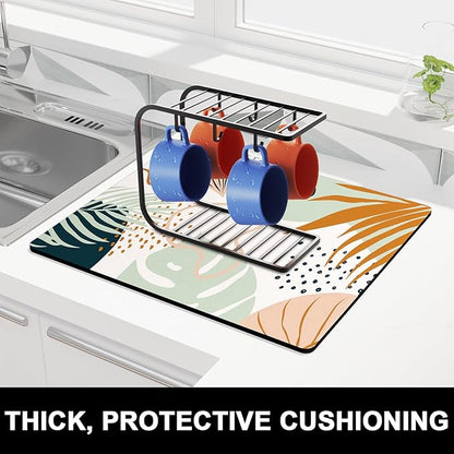 Rnivvi Dish Drying Mat for Kitchen Counter, 16 x 18" Cute Boho Theme Absorbent Heat Resistant Drying Pad with Non-slip Rubber, Coffee Bar Mats for Coffee Machine Dish Rack, Tropical Leaves
