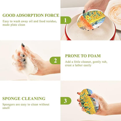 Sunflower Kitchen Scrub Sponges, Pop-up Kitchen Cleaning Sponges Reusable Dish Washing Sponges for Bathroom Household Cleaning 3 Pack - Non Scratch Scrubber