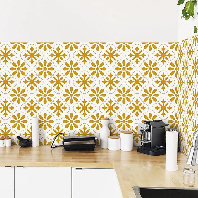 AM AMAONM 10pcs 20x20cm Removable Square Vintage Floral Pattern Tile Stickers 3D Decorative Peel and Stick Vinyl Self Adhesive Wall Tiles Decor Decals for Kitchen Backsplash Bathroom Furniture (E)