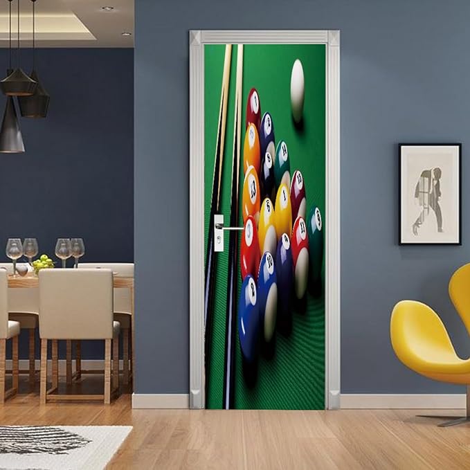 A.Monamour 3D Door Stickers for Interior Doors Billiard Balls and Billiard Cue on Green Table Vinyl Waterproof Self Adhesive Door Mural Decals for Bedroom Office Bathroom 85x200cm
