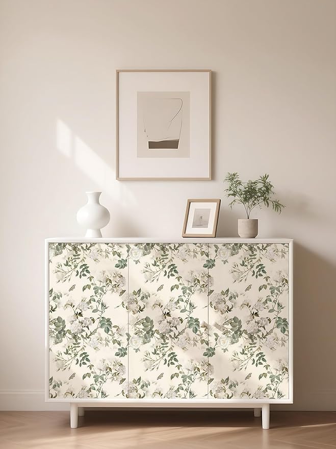 Wudnaye Vintage Floral Peel and Stick Wallpaper Beige Flower Contact Paper16.9’’×393’’Green Leaf Self Adhesive Removable Wallpaper Floral Rose Wall Paper Waterproof for Bathroom Bedroom Cabinets Decor