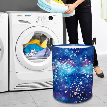 Laundry Hamper, 43L Round Universe Sky Laundry Basket, Waterproof Collapsible Storage Organizer Bin with Handles for Toys, Nursery Home Storage, Gift for Chritsmas Thanksgiving 13.8x17.7in