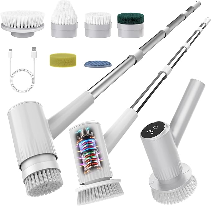 Electric Spin Scrubber - 4500mAh Cordless Cleaning Brush with 6 Brush Heads, 47" Adjustable Handle Relieves Back Pain, IPX7 Waterproof Power Scrubber for Bathroom Shower Floor Tile Bathtub