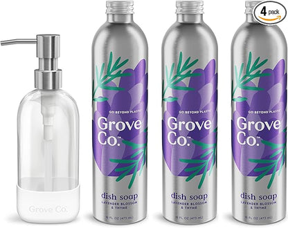 Grove Co. Ultimate Dish Soap Refills (3 x 16 Fl Oz) + Refillable Glass Dish Soap Dispenser for Kitchen Sink with Non-Slip Silicone Sleeve, Plastic Free Cleaning Products, Lavender Blossom & Thyme