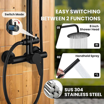 gotonovo Outdoor Shower Fixtures SUS304 Stainless Steel Rain Shower Kit Faucet High Pressure Wall Mount 2 Dual Function 8 Inch Showerhead and Handheld Spray Combo, Single Handle, Matte Black